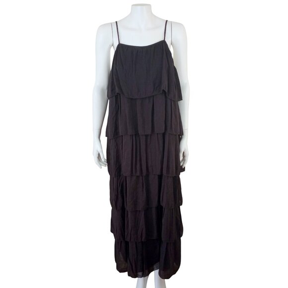 &merci Black Tiered Ruffle Maxi Dress Adjustable Spaghetti Strap - Picture 1 of 7